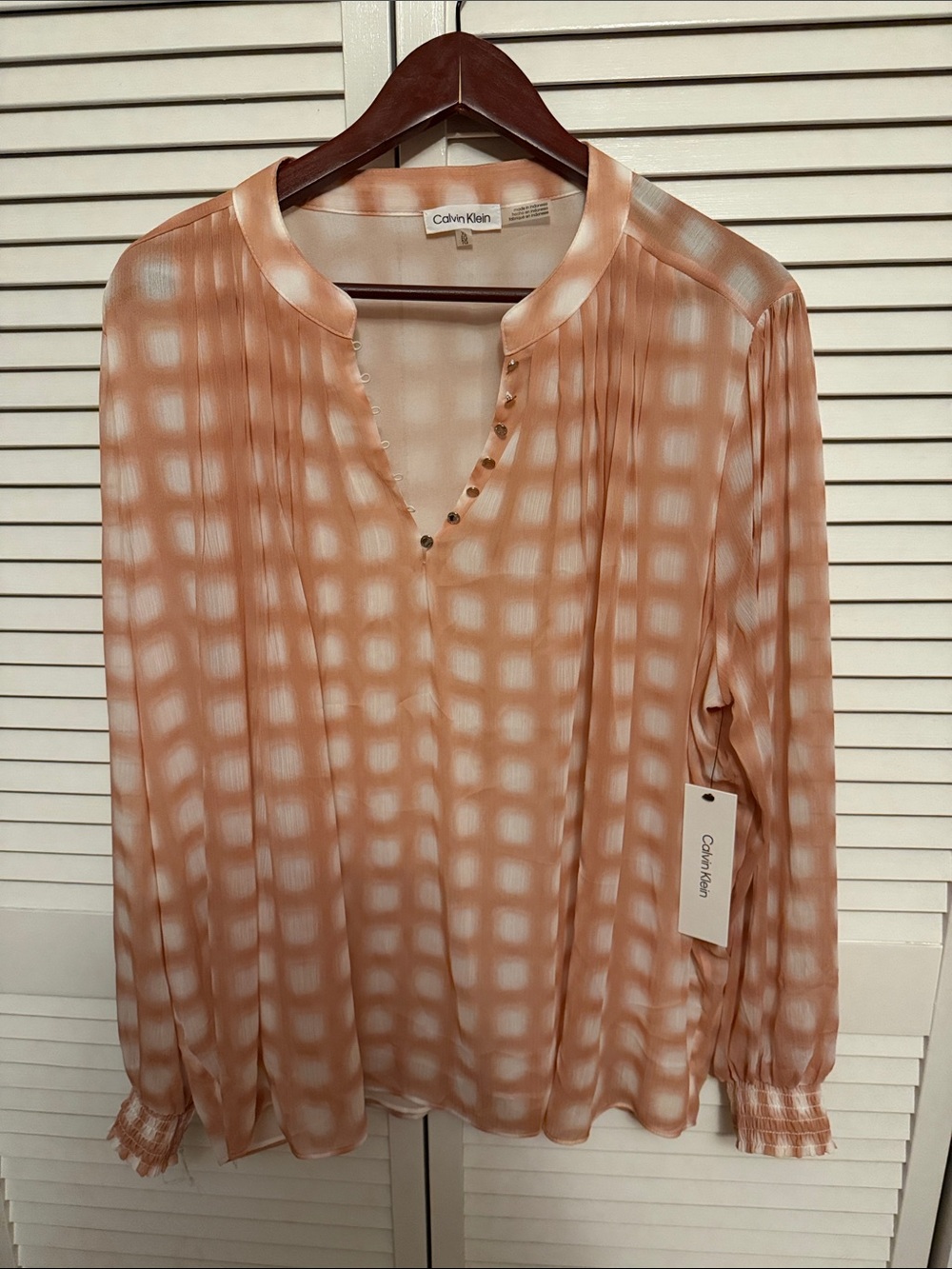 Calvin Klein Peach and White Plaid V-Neck Blouse
